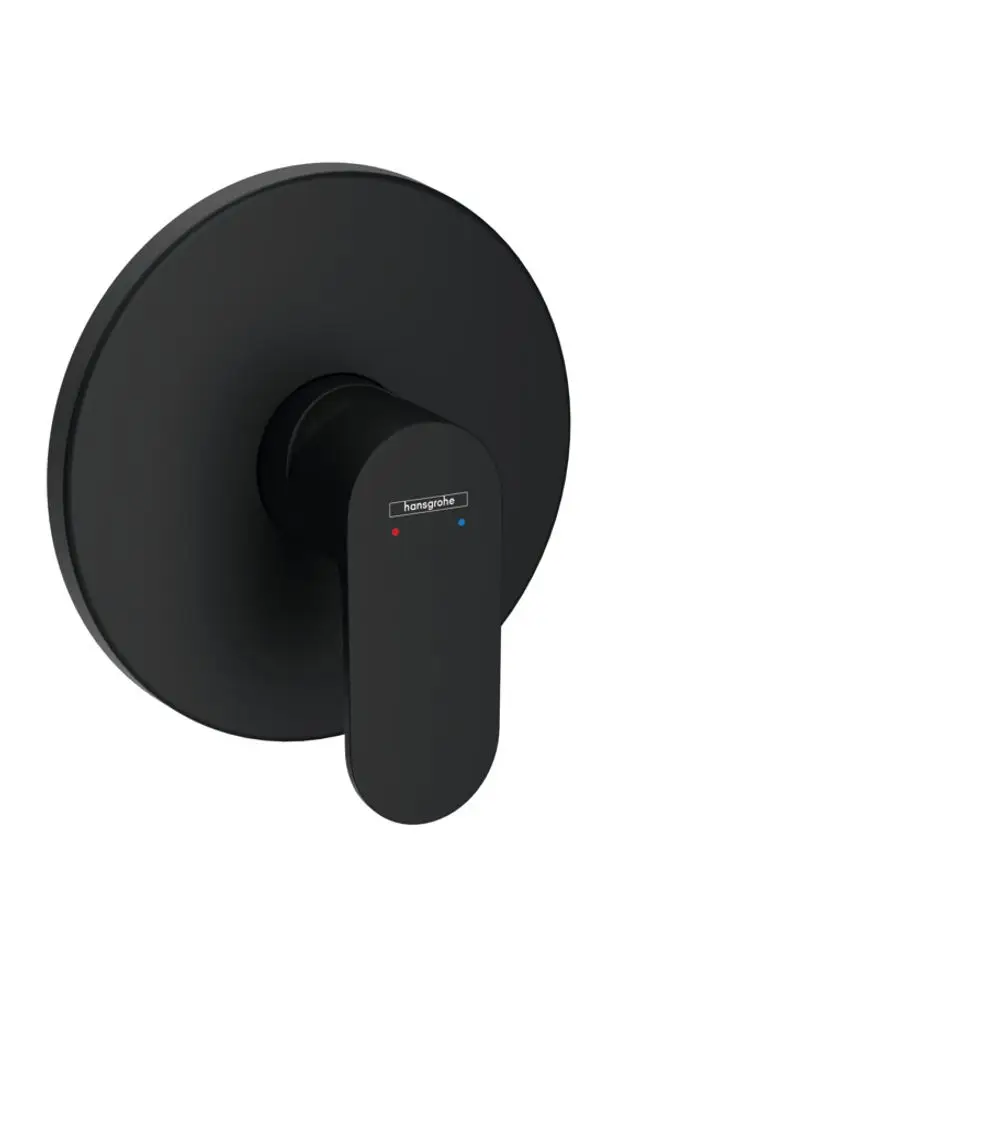 Schwarzer Einhebelmischer von Hansgrohe mit runder Rosette und farbigen Markierungen für Warm- und Kaltwasser. Unterputzmontage, modern minimalistisches Design.